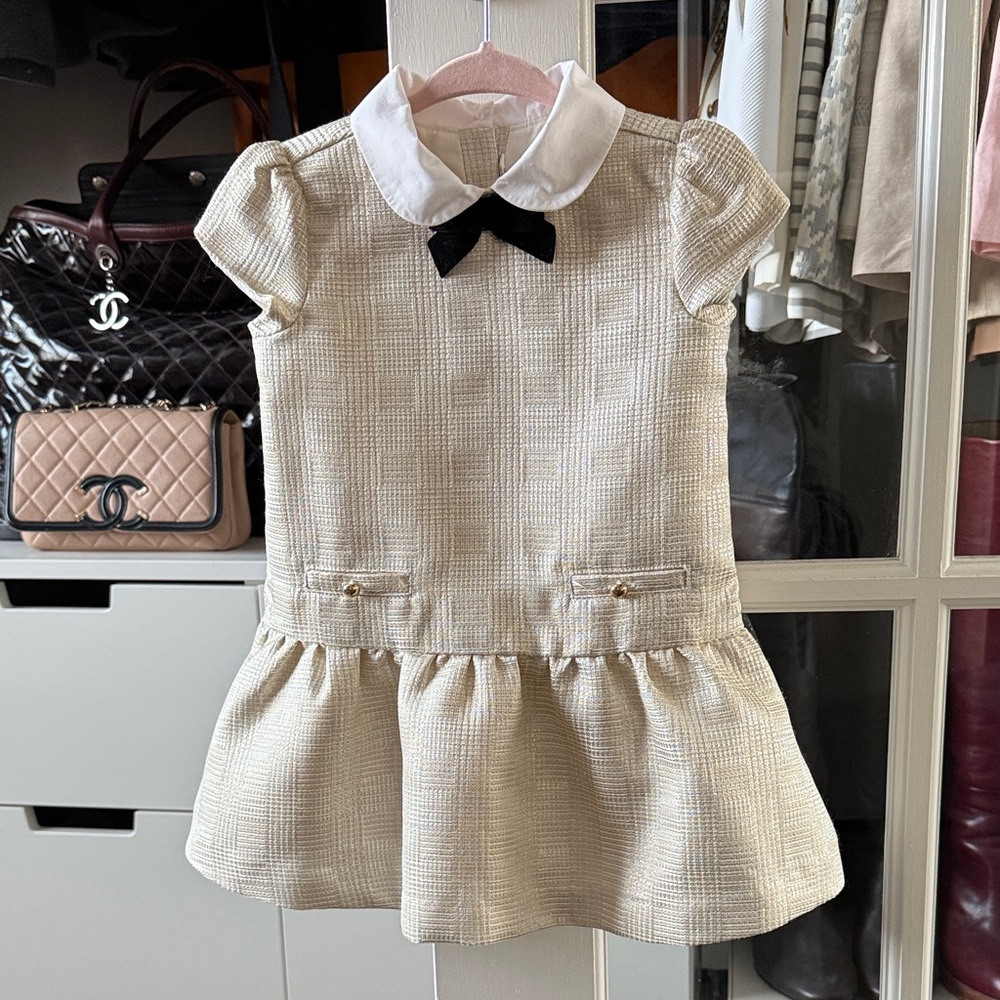 Janie and Jack Cream Dress with Black Velvet Bow - Picture 2 of 6